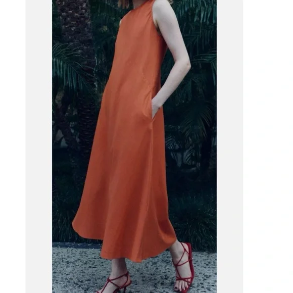 Zara Orange Sleeveless Linen Blend Maxi Sheath Dress Size Small - Picture 2 of 16